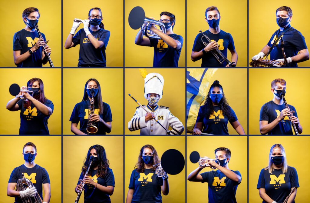 UMich's tweet photo. ICYMI: The @UMichBand honored frontline health and service workers who have provided relief during the #COVID19 pandemic with their first virtual halftime show “Hail to the Frontline Heroes.” Watch the full performance: https://t.co/1E9s6HV3bI  #UMichArts https://t.co/mG0pfYH4ar