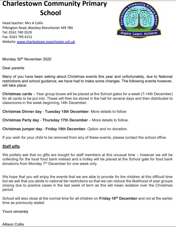 Charlestown_Pri's tweet photo. Please see the letter attached for news on our Christmas arrangements. https://t.co/l1JW94tLTD