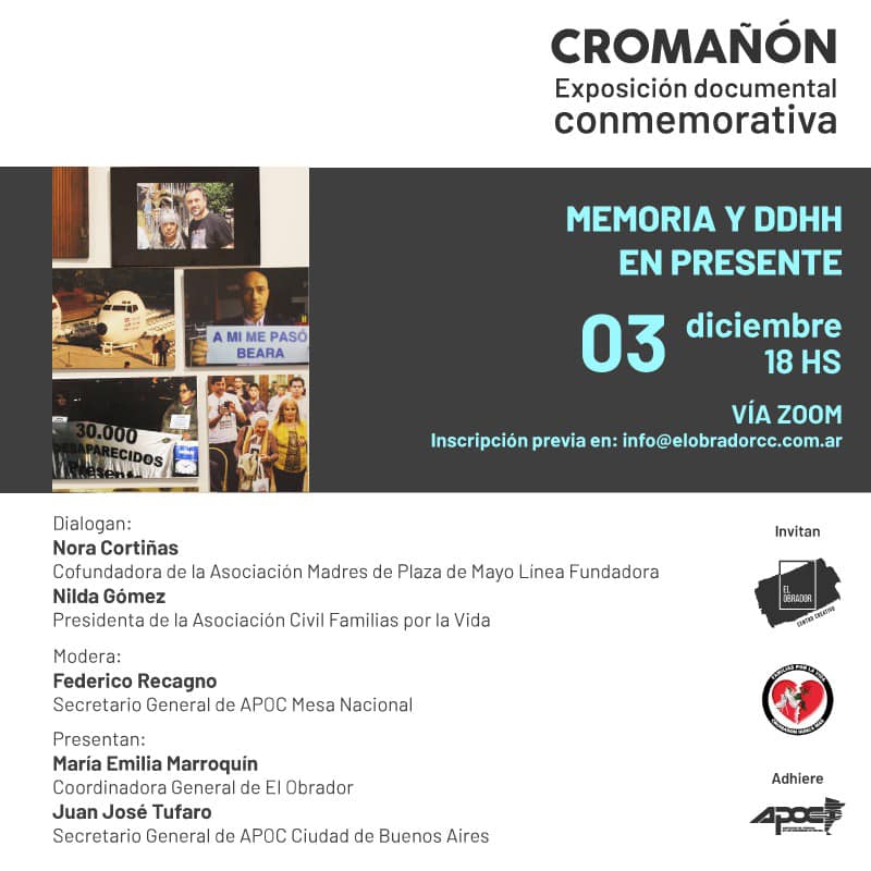 Los invitamos a participar de la charla "Memoria y DDHH en presente" organizada por El Obrador, Centro Creativo y Familias Por La Vida
Adhiere: Asociación del Personal de los Organismos de Control
⁣⁣🗓️ 3/12/20⁣ 🕐 18 hs⁣ 💻 Vía zoom⁣
📩 Inscripción: info@elobradorcc.com.ar⁣