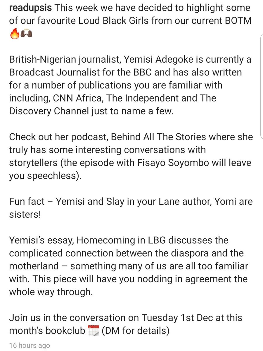 briticoyemo's tweet photo. The wonderful @Readupsis will be hosting a book club tomorrow, and they're reviewing @slayinyourlane's "Loud Black Girls," in which lil' old me has an essay (!).

If you've read the book &amp; want to talk about it, DM them for the details! https://t.co/1KXm0JXCei