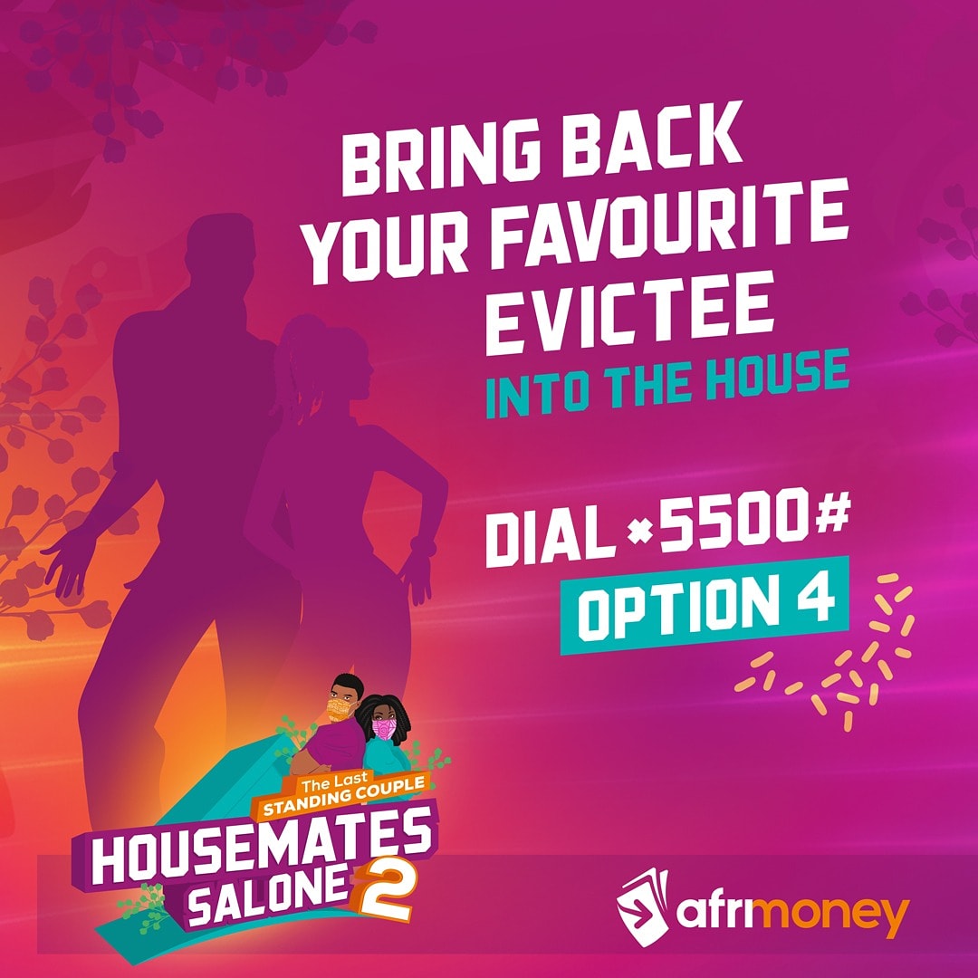 Kaboh Salone 🇸🇱

The #QuarantineDrama 📺 has taken a new turn and your votes remain key 🔑 .

Bring back your Favourite Evicted contestant into the Big House🏡 

Make sure to VOTE❗

DIAL *5500#
Choose OPTION 4

Select the name of your favourite Evictee and vote
#QuarantineDrama