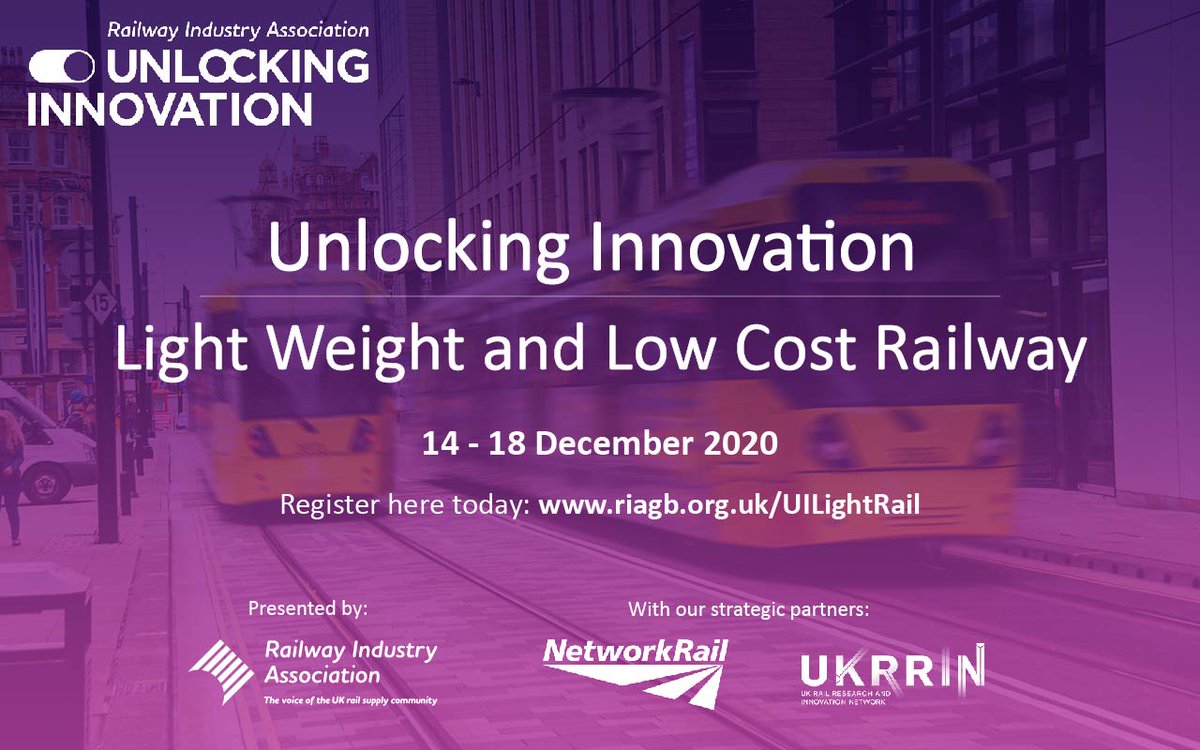 railindustry's tweet image. Our next #UnlockingInnovation series will cover 'Light Weight and Low Cost Railway' - we have an exciting line-up of speakers &amp;amp; will be holding networking sessions after each day!

📅 Mon 14 - Fri 18 December 2020

Find out more &amp;amp; register here today 👉 riagb.org.uk/UILightRail