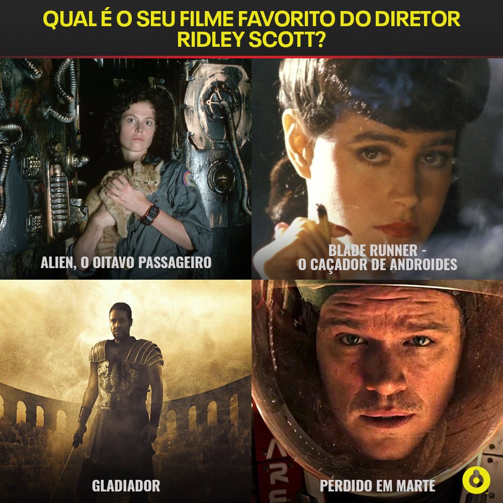 Hoje é aniversário do diretor Ridley Scott, famoso por dirigir grandes clássicos do cinema, como Gladiador, Alien - O Oitavo Passageiro, Blade Runner e Perdido em Marte! Qual desses quatro é o seu favorito? https://t.co/NdhZUPsuAc