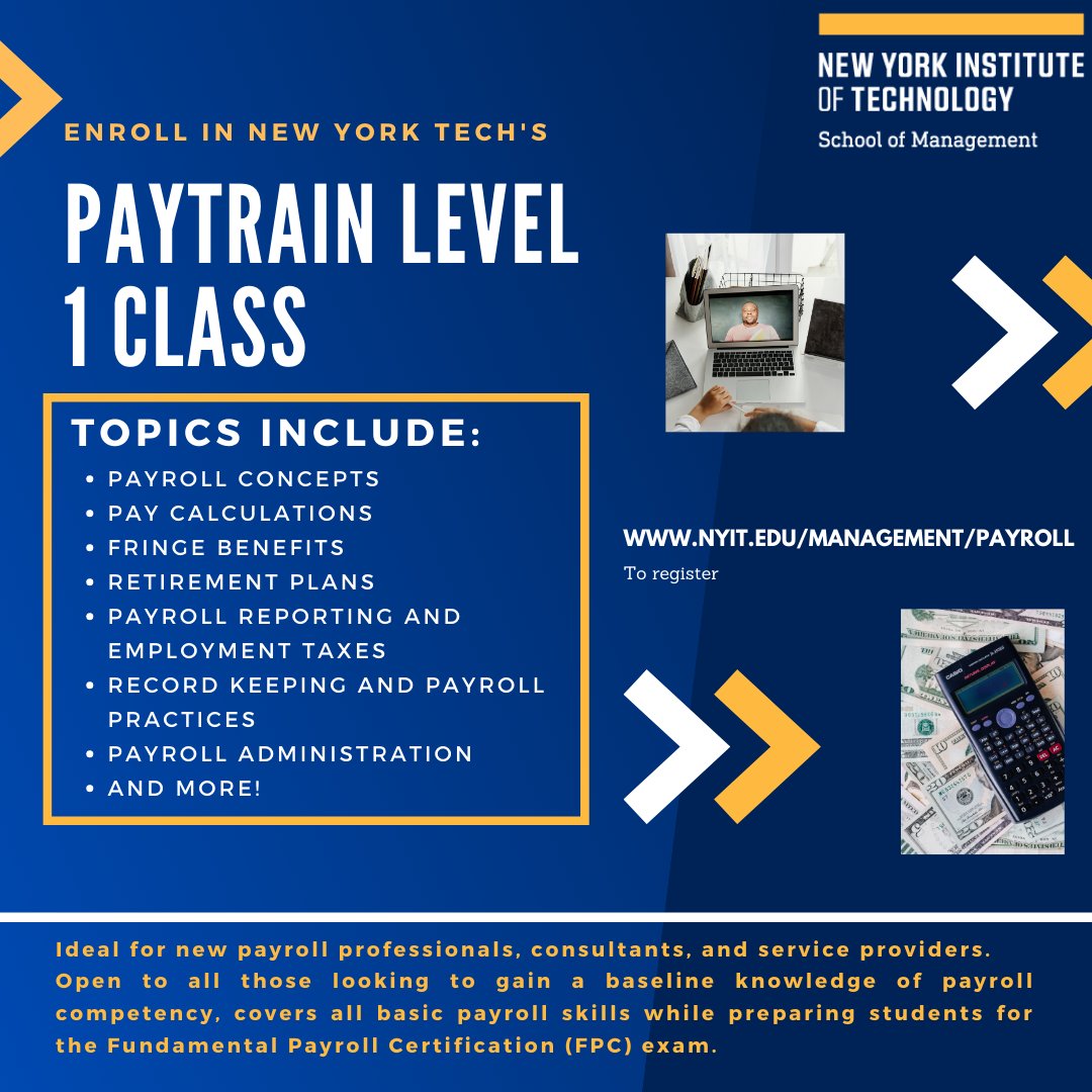 New York Tech's Paytrain Level 1 course is back this spring! Visit nyit.edu/management/pay… to register today

#education #payroll #Management #HR #NYIT