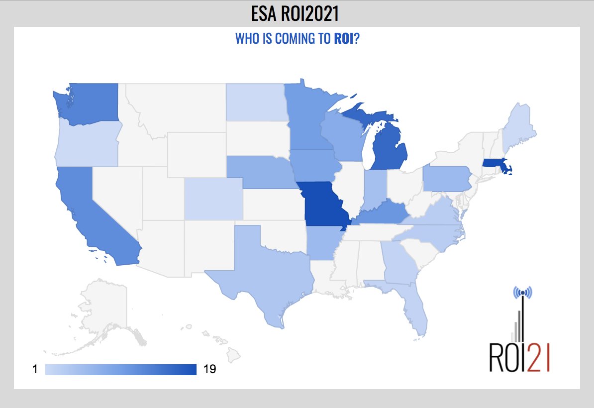 esacompany's tweet image. Who&apos;ll be at ESA&apos;s #ROI2021 conference? Starting to fill up. The &quot;M states&quot; are in the lead: Missouri, Massachusetts, Michigan. Get your seat soon!
