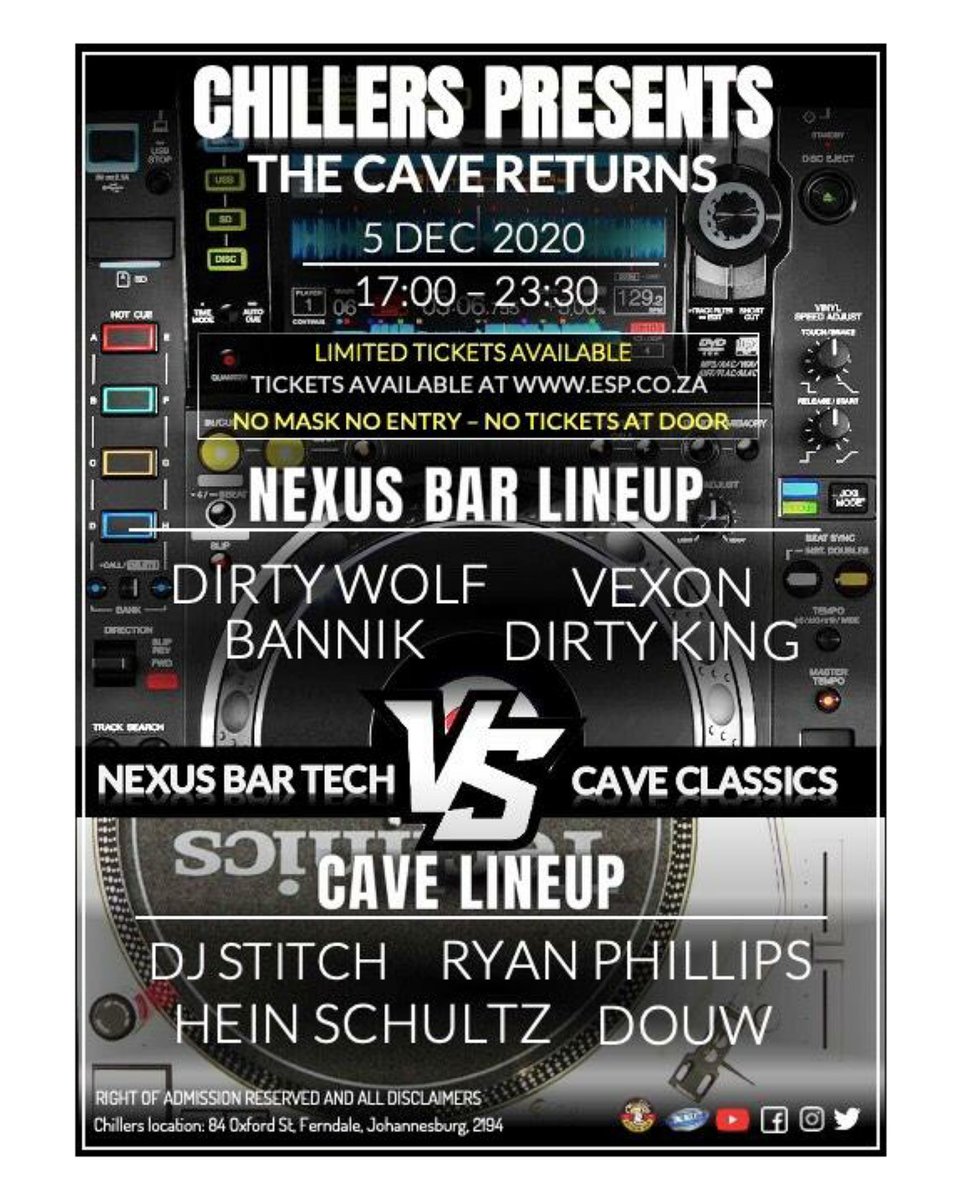 Chillers presents the Cave Returns‼️

Amazing lineup for this event👏

Nexus Bar:
Dirty Wolf
Vexon
Bannik
Dirty king

Cave:
DJ Stitch 
Ryan Phillips 
Hein Schultz 
Douw

Tickets will be available soon 🎟