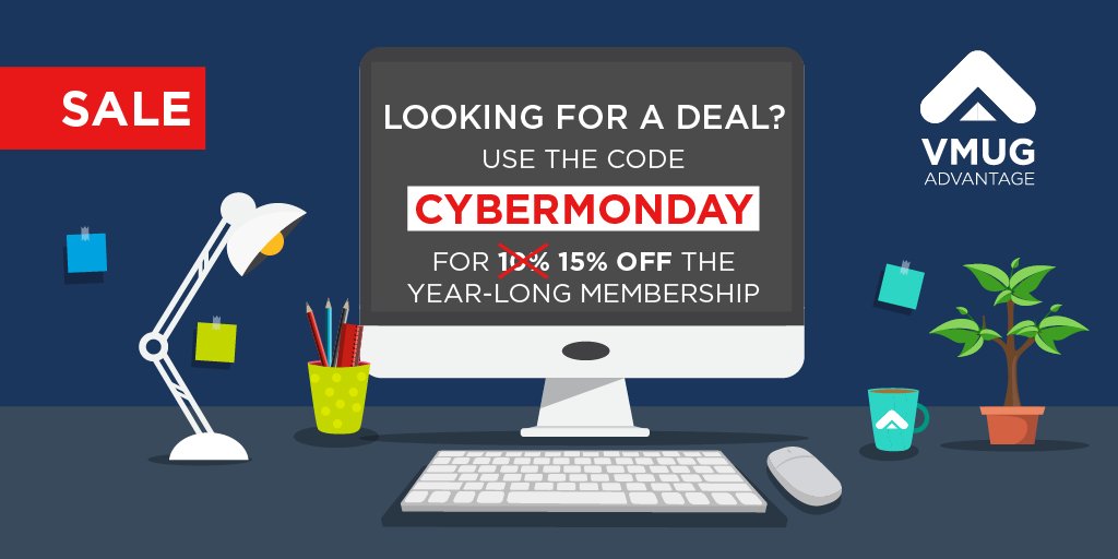 VMUGAdv's tweet photo. This Cyber Monday, gain access to cutting-edge products like @VMwarevSphere 7, @vmwarevsan 7, and @vmwarensx –T Data Center!
Upgrade to VMUG Advantage with the code CYBERMONDAY and get 15% off your membership. Learn more about #VMUGAdv here: https://t.co/JeRAhjjtfB https://t.co/HBKzK6MhLE