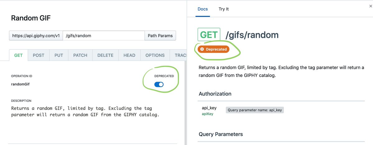 stoplightio's tweet image. How do you alert users that an API endpoint is deprecated? Do you use the Sunset/Deprection headers? Email? @everyone on Slack?
Another tool in your belt is the Deprecated toggle in Stoplight Studio, which shows a badge in Docs letting people know the endpoint is going away.