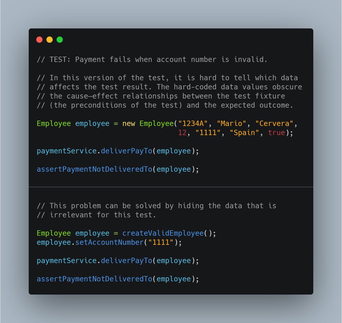 macerub's tweet image. ✏️ Testing tip: in a test, make visible only the data that affect the test outcome.
The exact behavior that the test is verifying will be much clearer.
An example 👇