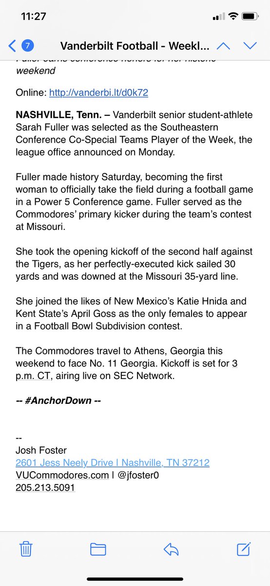 The SEC named Vandy’s Sarah Fuller co-special teams player of the week for her one 30 yard kickoff. Good lord. This is all such a sham. According to Vandy her “perfectly executed kick sailed 30 yards.” https://t.co/zFp03x7DRL
