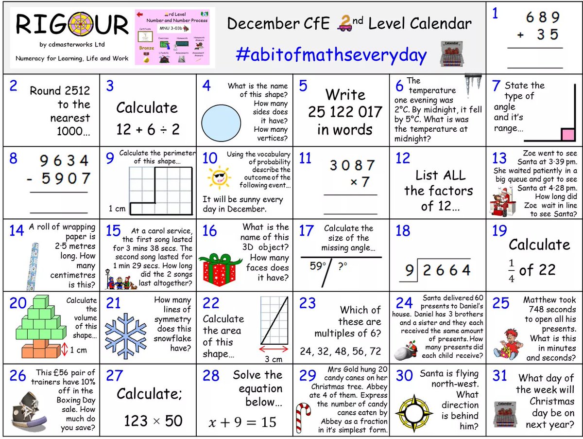 RigourMaths's tweet photo. **CALLING ALL BGE Pupils** Are you looking for an advent calendar that enables you to consolidate your 2nd Level Numeracy/Maths skills? If so, try our December Calendar! Download &amp; view the answers here; https://t.co/rAO0acF5KX #abitofmathseveryday #littleandoften 🥉🥈🥇📅 https://t.co/V9Bk3cNvUA