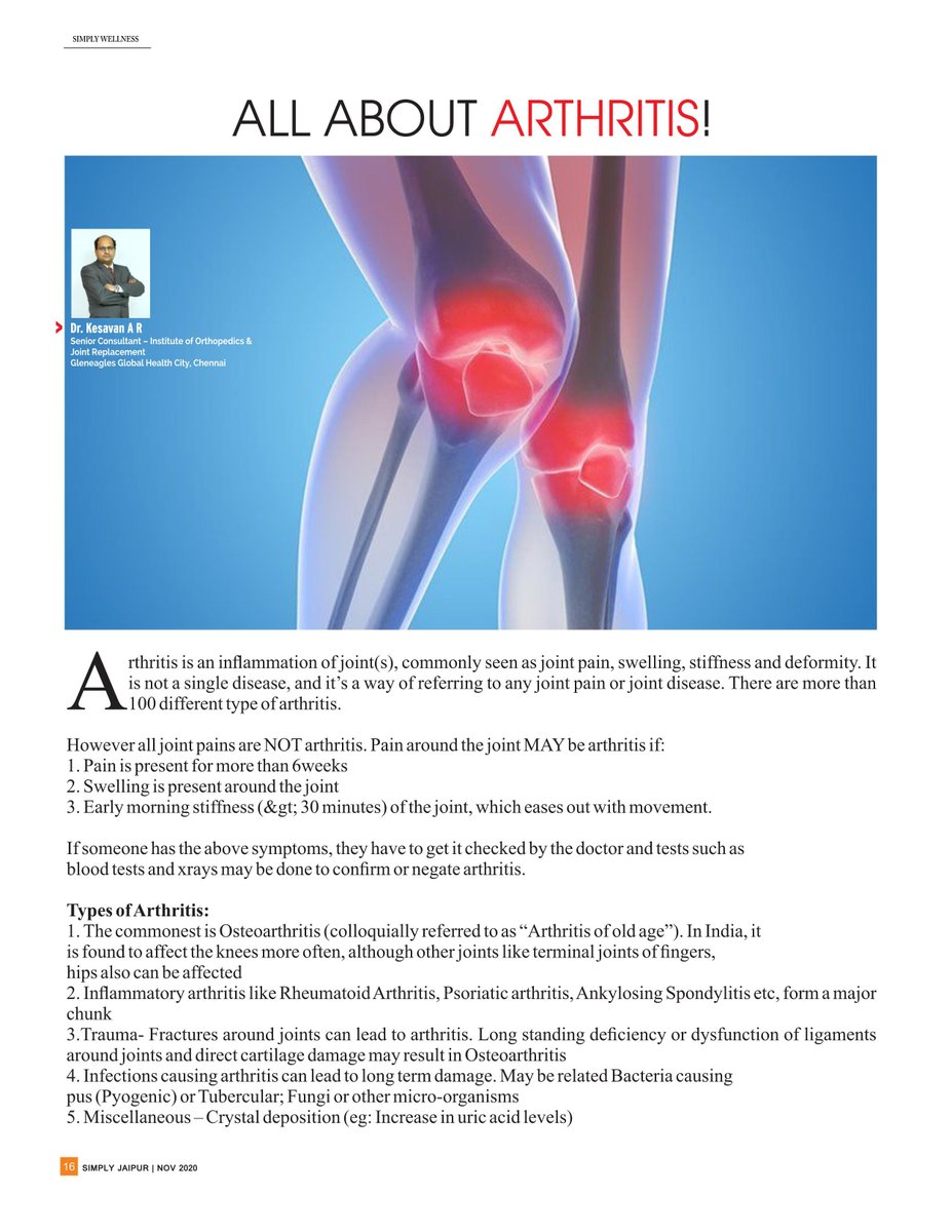SIMPLYJAIPUR's tweet photo. SIMPLY JAIPUR magazine is now available at all leading book stores including Crossword & https://t.co/9k1eqyLie6 & also online as e-magazine at https://t.co/s2WvtPTSQI & Paytm
Simply Wellness: All About ARTHRITIES
#SimplyWellness #Arthrities #SimplyJaipur #magazine #DrKesavanAR https://t.co/kSTr0fIiZx