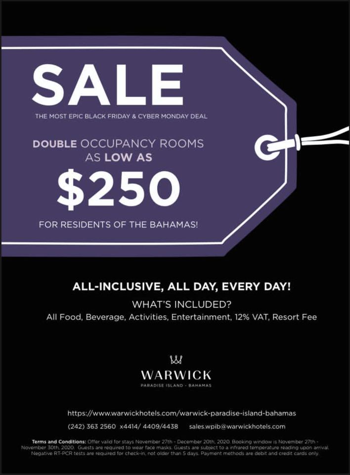 #CyberMonday Sale for Bahamians All-inclusive rates from $125 per person; $250 per couple, per night. Reservations TODAY 11/30 bit.ly/WPIBResidentRa… or email res.wpib@warwickhotels.com

#MondayMotivation #WarwickParadiseIsland #WarwickHotels #Bahamas #CyberSale