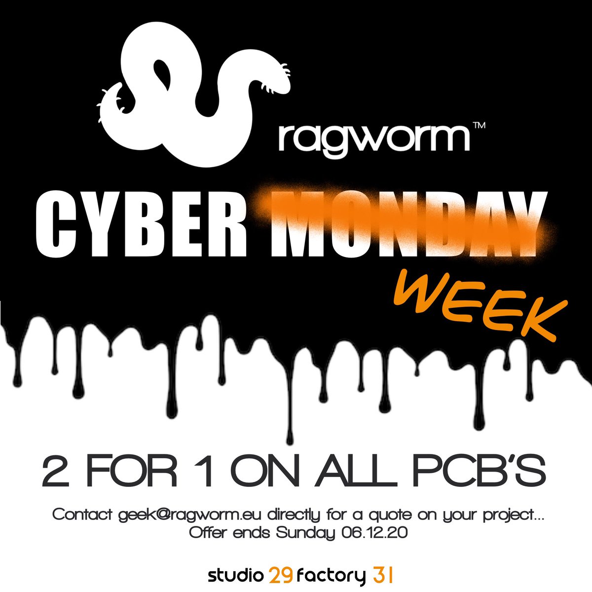 Cyber Monday, no it’s Cyber week here @studio29factory31 
For one week only, get 2 for 1 on PCB orders as part of our prototype PCB service. 
Contact geek@ragworm.eu to receive a quotation
.
.
.
#pcbassembly #blackfriday #cybermonday #monday #cyber #electronics #electronicdesign
