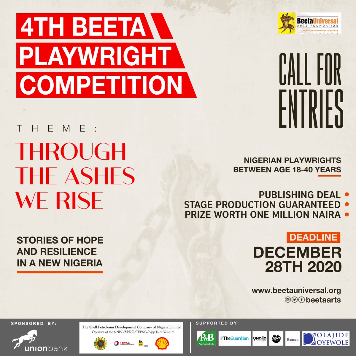 BeetaArts's tweet photo. Call for Entries!
Are you ready for the fourth edition of the Beeta Playwright Competition #BPC4.
Join the league of BPC winners Our Son the Minister by Paul Ugbede and Jagagba by Abdul Qudus Ibrahim and Daughters of the East by Chioma Achalugo Ezekobe https://t.co/r5FraLIr9I