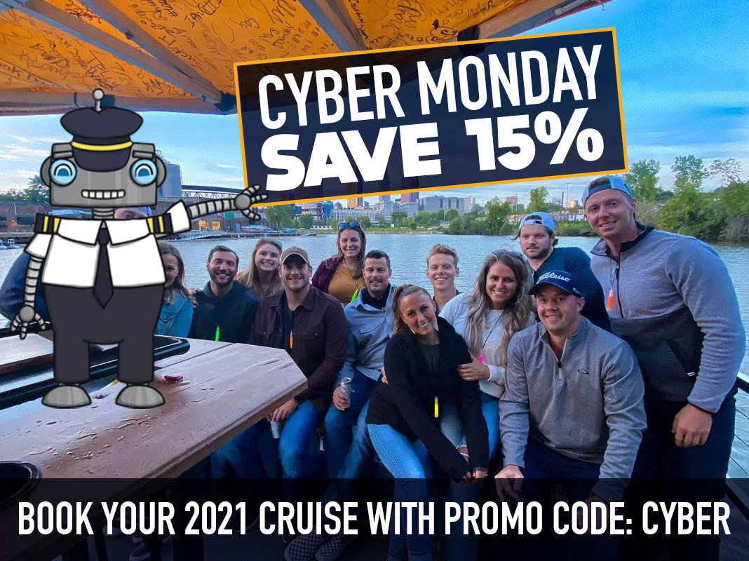 Bleep. Bloop. Happy Cyber Monday! Use promo code CYBER to book your 2021 BrewBoat cruise today and SAVE 15%. Cheers!

#CyberMonday #ThisIsCLE #BoozeCruise #DrinkPedalFloat #BrewBoat