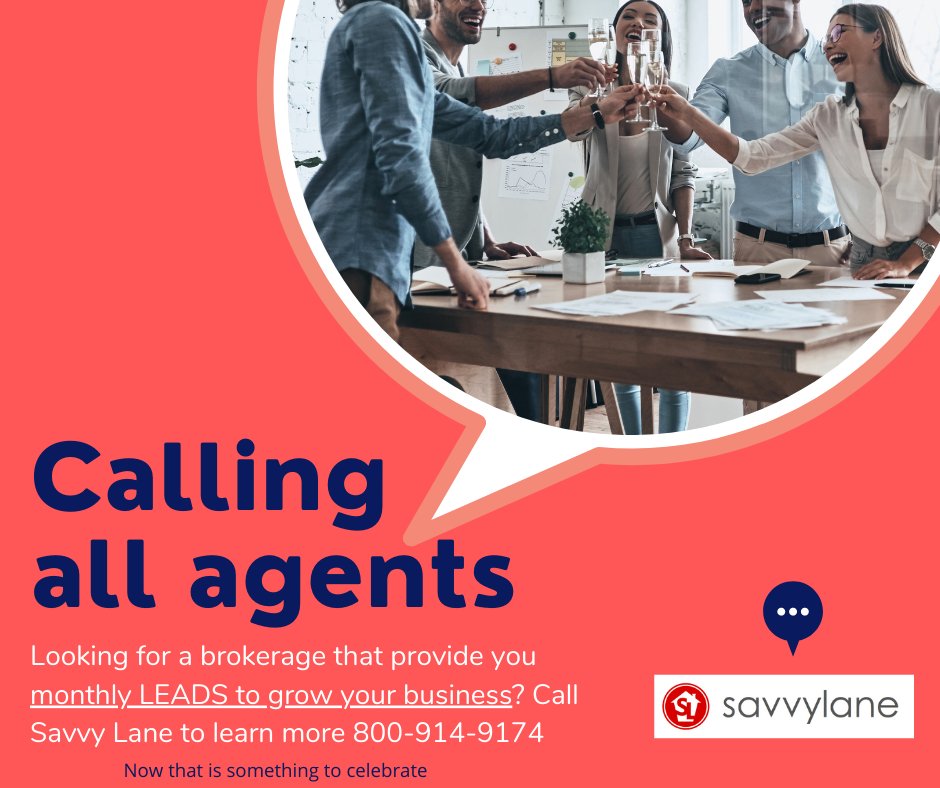 savvy_lane's tweet photo. Calling all agents 📢 Looking for a brokerage that provides you monthly LEADS to build your business? Call Savvy Lane to learn more 800-915-9174 #retech #proptech #realestate #realtor #leads https://t.co/98oD7GH152