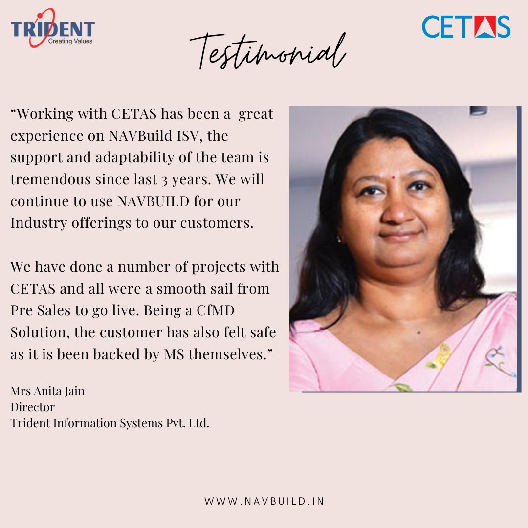 cetastech's tweet photo. Hear what our valuable partner have to say about #Navbuild and CETAS. Thank you, @anita Jain #trident for your support and contributions
👇 Learn CETAS Partner Program https://t.co/aj9rQdIYDQ
#cetastech #trident #ISV #MSPartner #MSDyn365BC#Partnertestimonial #Partnerprogram https://t.co/kKEfYw2GaL