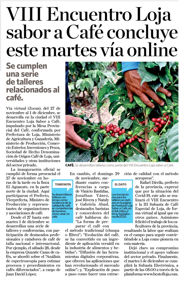 prefecturaloja's tweet photo. 📰 #GPLenMedios | [VIII Encuentro #LojaSaborACafé concluye este martes vía online]

ℹ @lojalahora
🗓 30noviembre2020

#CaminoAlProgreso✔️ https://t.co/wNe0hEYEo9