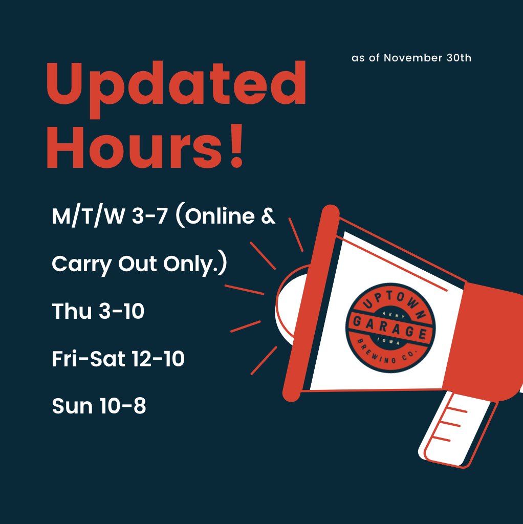 Updated Hours! 📣

Starting today, and for the foreseeable future, Monday through Wednesday we will be open 3-7 for online and carry-out sales only!  

Thursday - Sunday we are open our regular hours. 

Thank you for always supporting us and local businesses. 🍺