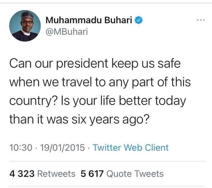 khalifa_nn's tweet photo. @MBuhari Can our president keep us safe when we travel to any part of this country? Is your life better today than it was six years ago?
- @MBuhari 2015
#ZabarmariMassacre
#SackTheServiceChiefs
#ServiceChiefsMustGo
#SecureNigeria
#secureArewa
#alllivesmatters https://t.co/jhpOgB2Gja