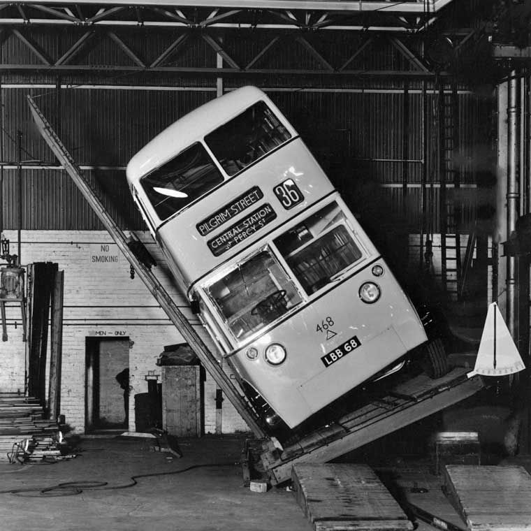 1948: Trolleybus undergoing a tilt-test _ Photograph: Newcastle Libraries _ Subscribe Retronaut .com for $2/month at Patreon buff.ly/3lj7gVo For more pictures like this follow @retronauthome @retronauthq