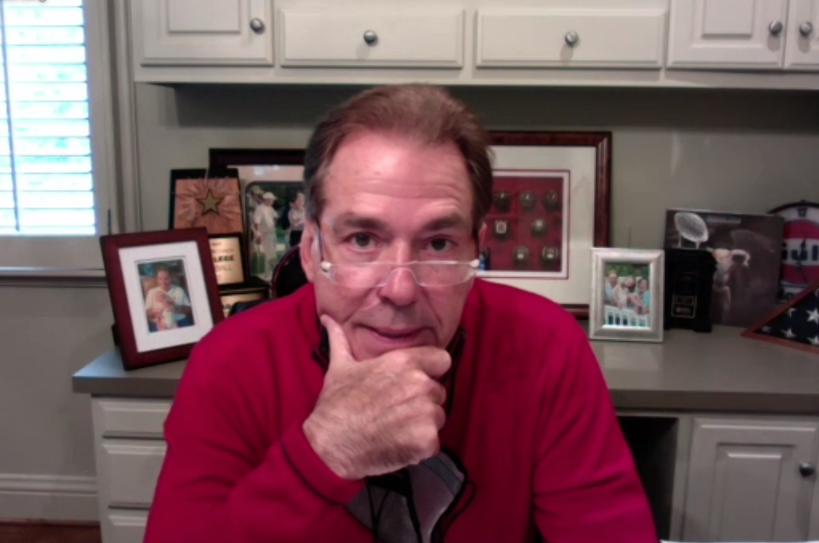 Wm_Galloway's tweet photo. Nick Saban speaks to the media from home for his Monday press conference. “I’m feeling fine so you don’t need to worry about me.” 

He doesn’t anticipate any problems on being able to coach this week vs LSU. https://t.co/Y2lFDvjLBj