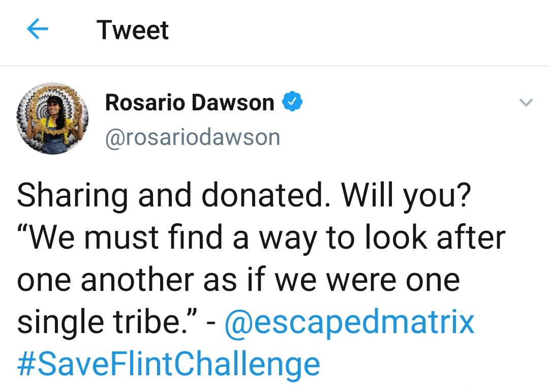 Thank you  @rosariodawson for supporting our  #SaveFlintChallenge clean water mission. We have so much more work to do. Please continue sharing this campaign. One tribe.  #WaterThePlanet  https://www.gofundme.com/f/rva-flint-saveflintchallenge