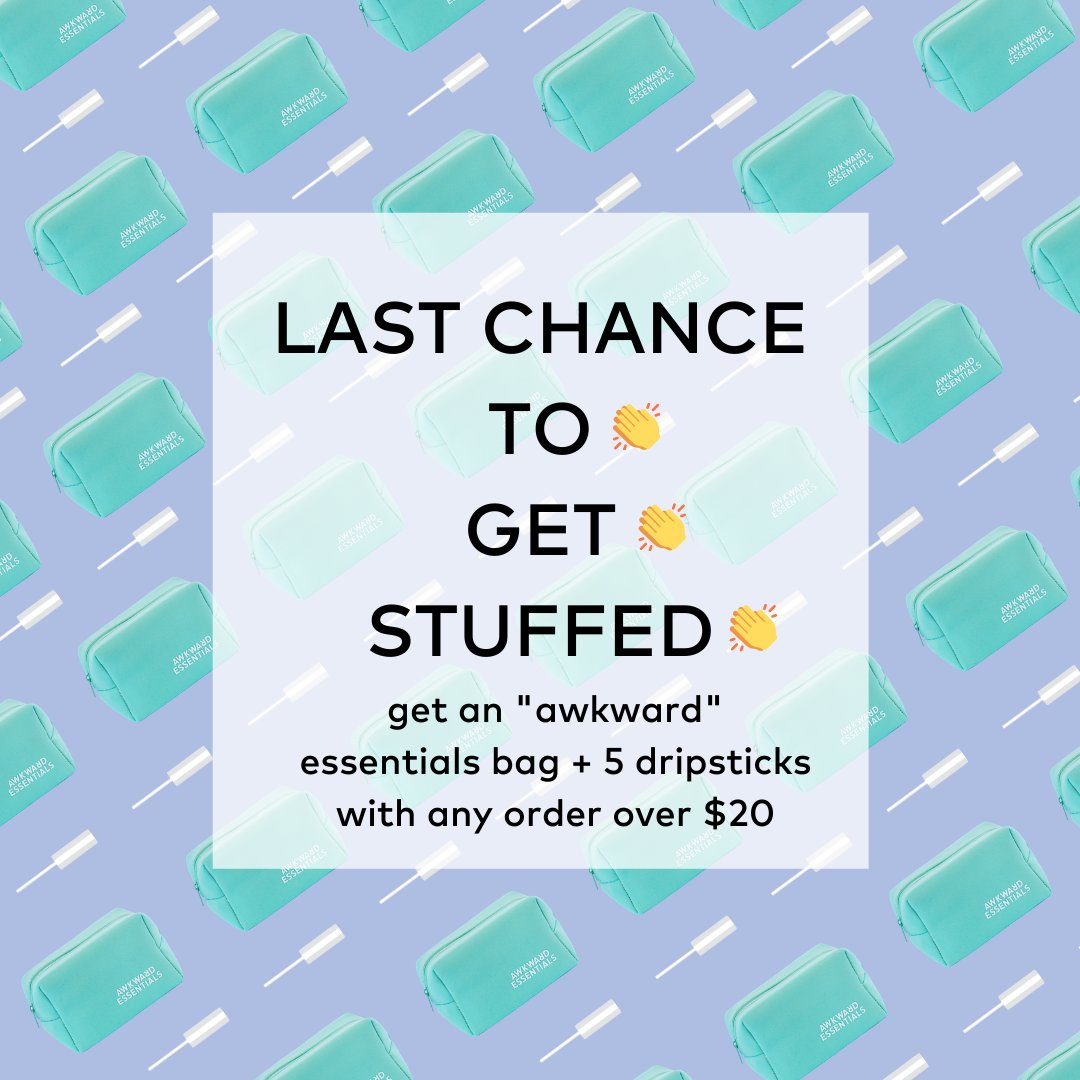 awkessentials's tweet photo. Got time for a quickie? This is your last chance to grab an “awkward” essentials bag and 5 extra dripsticks with any order over $20!

#CyberMonday #LetsCyber #AwkwardEssentials #dripstick #holidays https://t.co/weWHUGZ6xa