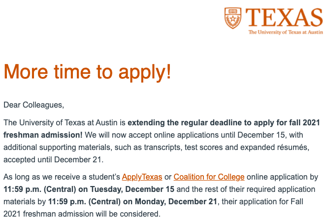 The University of Texas has extended its application deadline.  See info below. @gvinecounseling <a href="/CHHSCounseling/">CHHS Counselors</a>