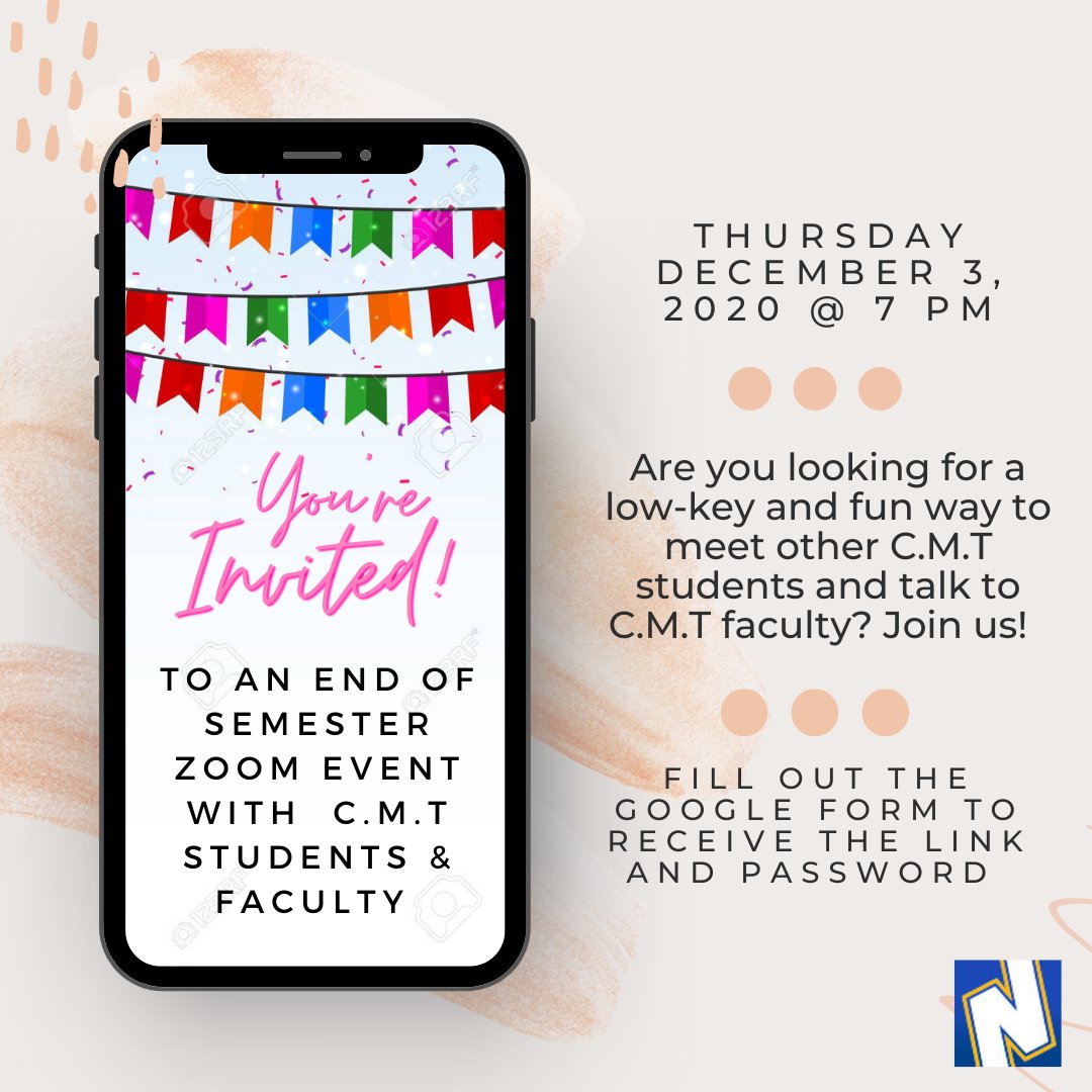 cmtneiu's tweet photo. Current CMT students! Join us for a fun and relaxing end-of-semester Zoom event this Thursday night! 

Fill out the form to get the link and password: https://t.co/CM4zHb8e5u 

We hope to see you there! https://t.co/KISyASiHPM