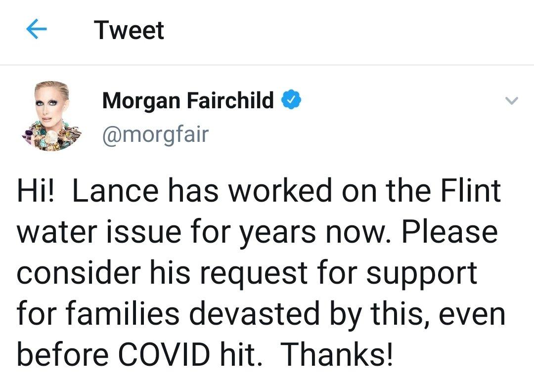 Thank you  @morgfair for supporting our  #SaveFlintChallenge clean water mission. We have so much more work to do. Please continue sharing this campaign.  #WaterThePlanet  https://www.gofundme.com/f/rva-flint-saveflintchallenge