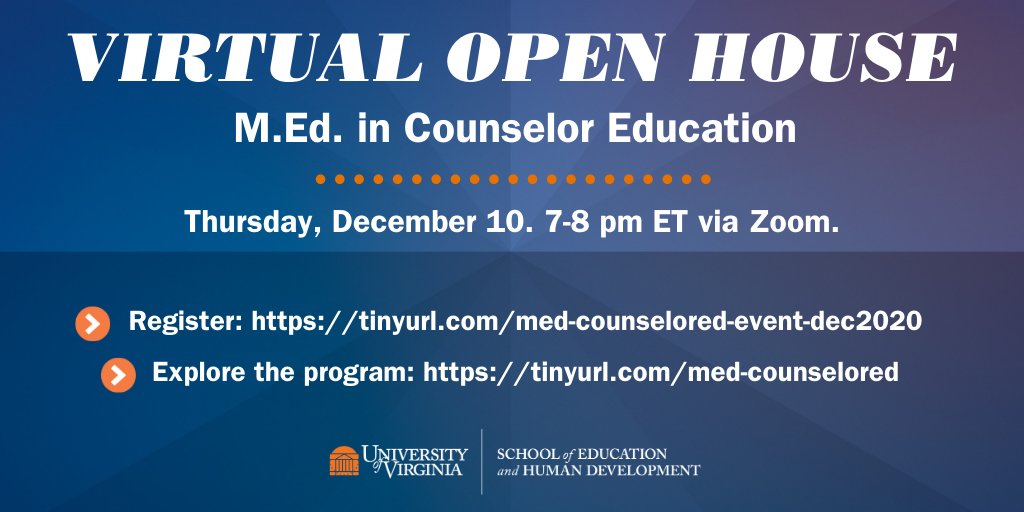 Interested in learning how to pursue equity, access, and justice as a school counselor? Join us in conversation on December 10th at 7pm via zoom. No GRE required to apply to the program.  <a href="/UVAEdu/">UVA School of Education and Human Development</a> @CRPESUVA #scchat