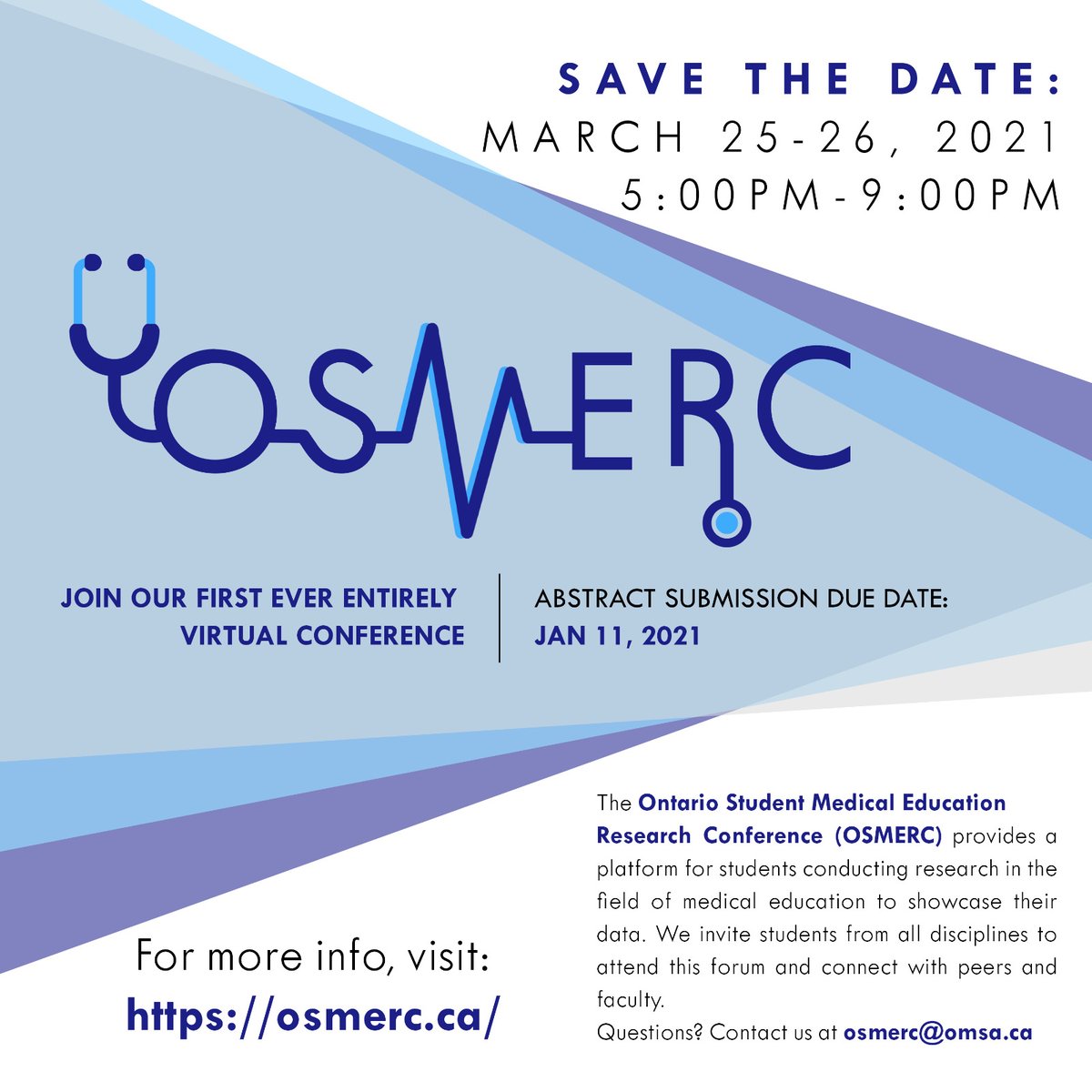 Working on #MedEd projects? Consider submitting an abstract to Ontario Students Medical Education Conference! Check out the website: osmerc.ca