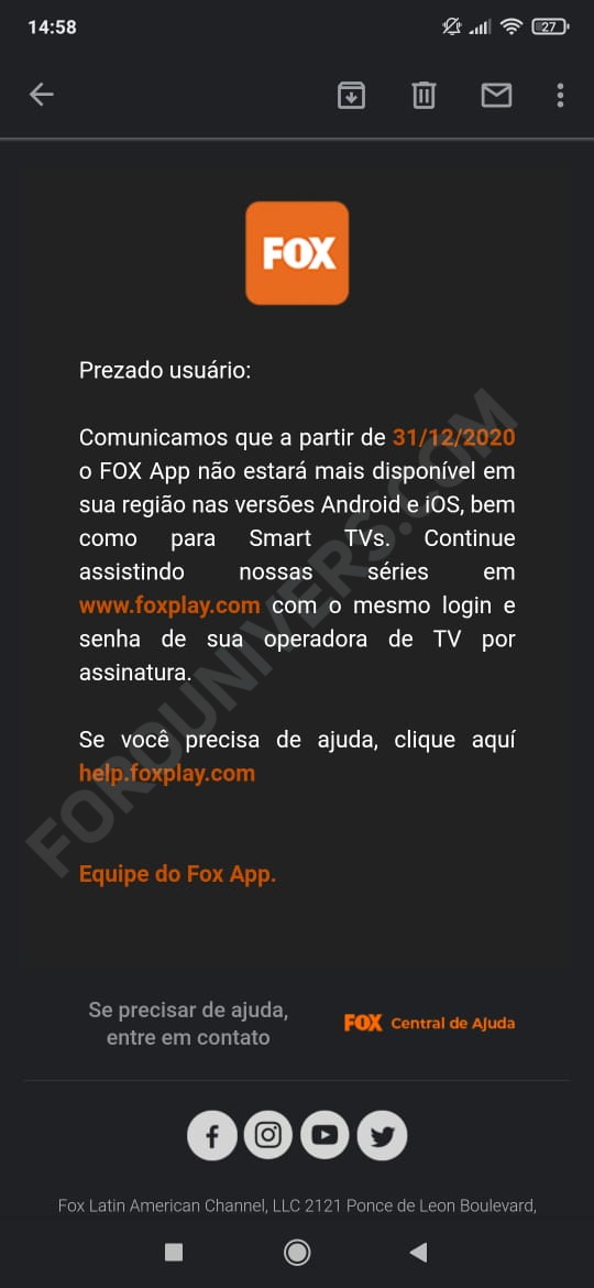 UNIVERSBrasil's tweet photo. Fox Play app encerrará dia 31/12/2020 🤧😭
#FOXApp #FOXPlayApp #FOXPLAY

🔗👉 https://t.co/o8FpE3sMli 👈 https://t.co/Y7a5oKsLnS