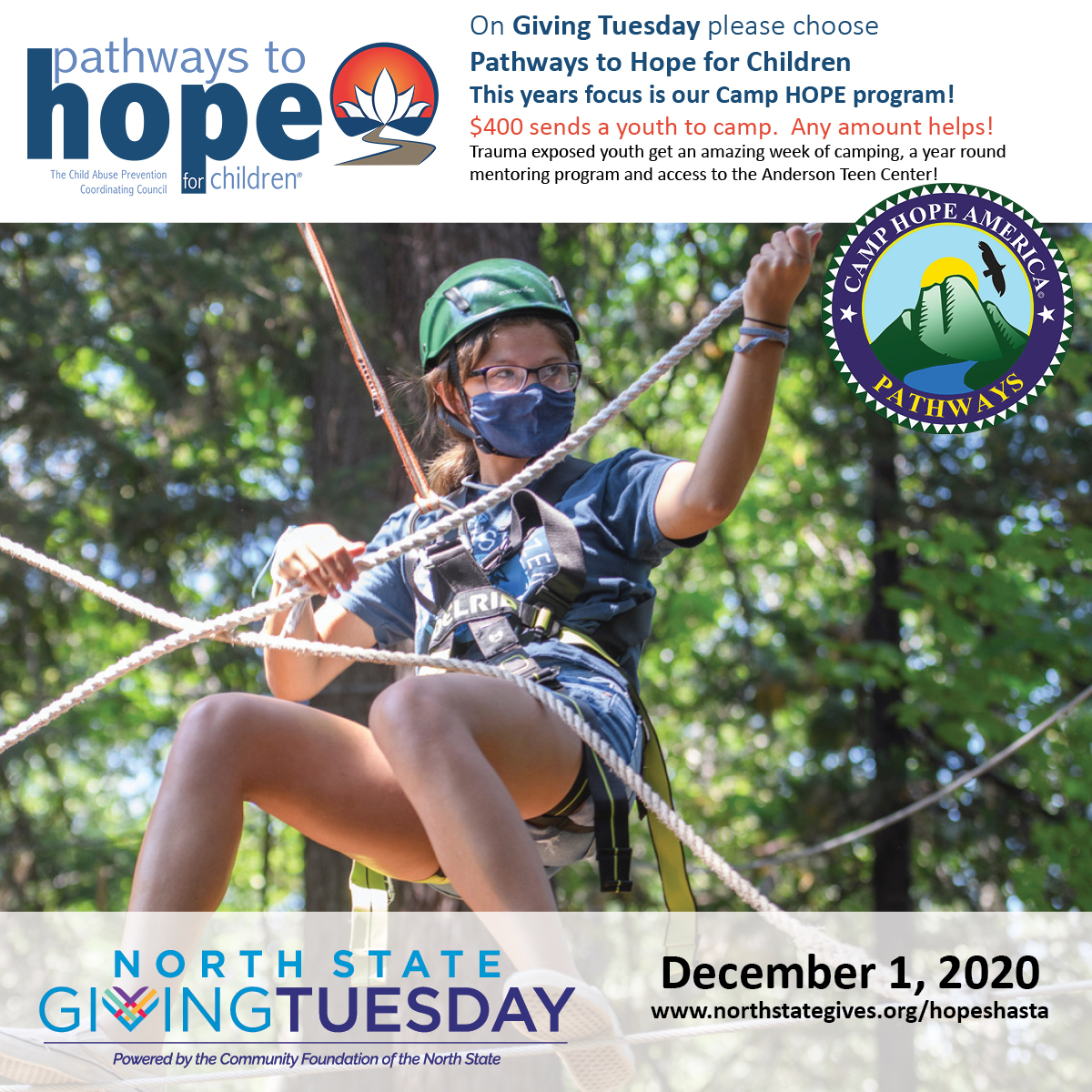 Pathways4Hope's tweet image. YOU can help make our region stronger and create a thriving community for all. 
Join in the movement by making a pledge to support Camp HOPE America - Pathways. Support Shasta County's youth!
Visit northstategives.org/hopeshasta to make your pledge for Giving Tuesday!