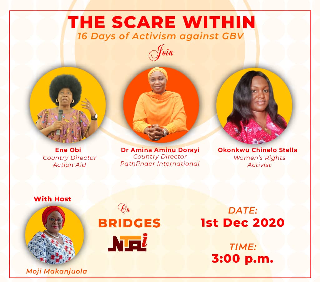 There is no justification for #GenderBasedViolence and not many survivors actually seek help. To learn more, join this group of experts and activist as they discuss 'The Scare Within', hosted by @mojimakanjuola on NTA International at 3pm today. #16Days #EndGBV #OrangeTheWorld