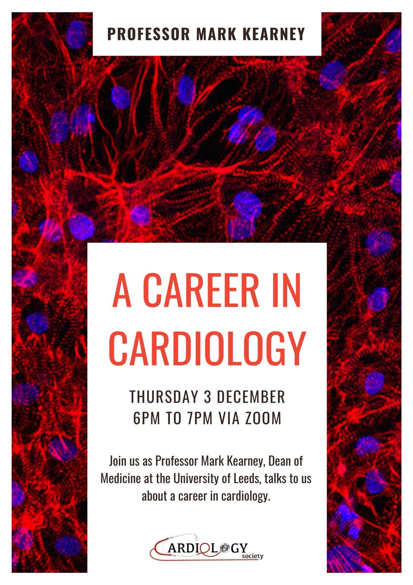 Join us on Thursday 3 November as Professor Mark Kearney, @medicinedean at the University of Leeds, talks to us about a career in cardiology. We're so excited that we put cardiomyocytes on our poster and everything!