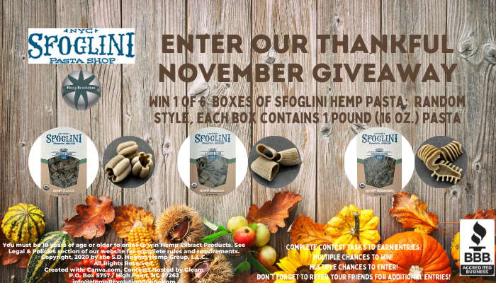 HempRevOnline's tweet image. There are 6 hours left to enter our Thankful November Giveaway. Win 1 of 6 boxes of Hemp Pasta from Sfoglini. Please Like &amp;amp; r/t; Refer others for more entries. @HempRevOnline #HempPasta #EatHemp #HempTheFuture #HempYourHealth #Giveaway #Contest
zcu.io/ox0Z