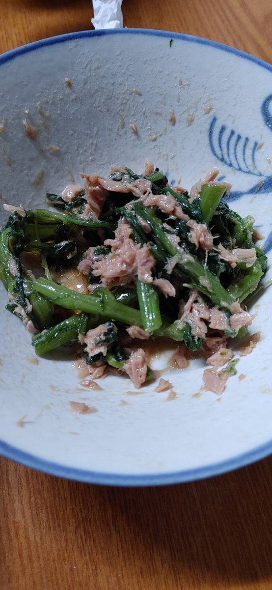 ちろる 春菊レンジでチンしてツナ缶ごま油醤油まぜたら美味しかった 春菊 おつまみ