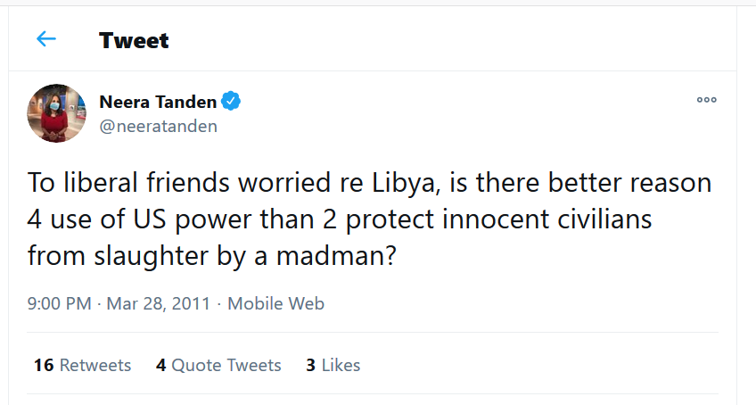 BenjaminNorton's tweet photo. Liberal imperialism, summarized in 4 @NeeraTanden tweets https://t.co/laYDQ6yXqo

Step 1) Spread propaganda to justify US military intervention
2) Defend the imperial war
3) Panic because that war you wanted unleashed more deadly chaos
4) Repeat the same exact thing 2 years later https://t.co/f4vQHMKMsZ