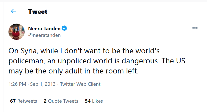 BenjaminNorton's tweet photo. Liberal imperialism, summarized in 4 @NeeraTanden tweets https://t.co/laYDQ6yXqo

Step 1) Spread propaganda to justify US military intervention
2) Defend the imperial war
3) Panic because that war you wanted unleashed more deadly chaos
4) Repeat the same exact thing 2 years later https://t.co/f4vQHMKMsZ