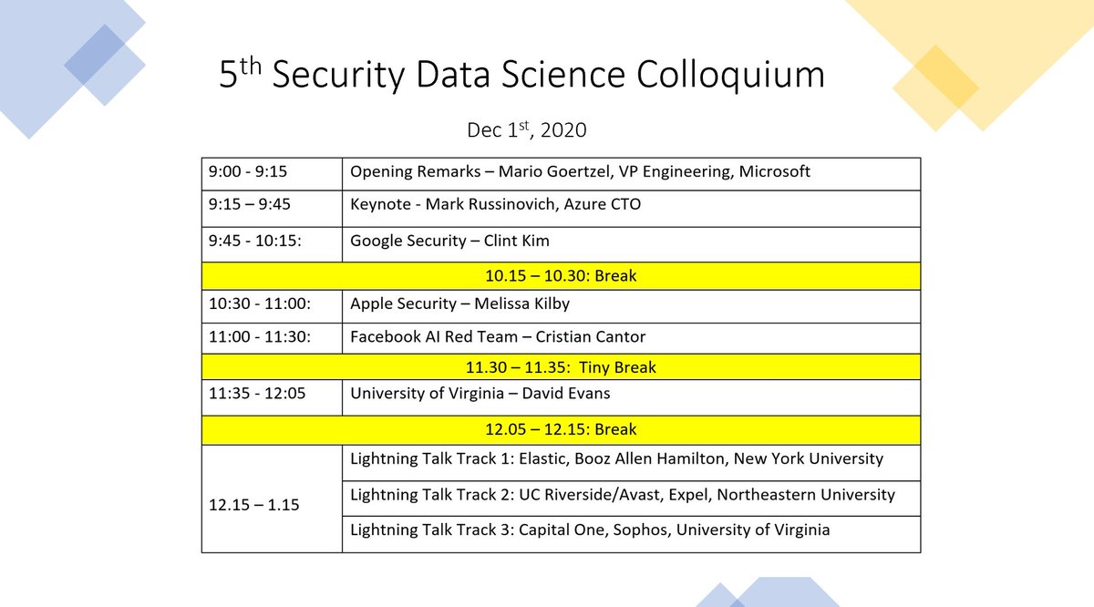 ram_ssk's tweet image. Tomorrow's ML + Security event is 🔥💯🤯
Keynote: @markrussinovich
Talks from @Google, @Facebook/@cristiancanton, @Apple/@CyberMatrixAI, @UVA/@UdacityDave, @Sophos/@joshua_saxe, @BoozAllen/@EdwardRaffML, @elastic/@filar, @cloned_tweets @expel_io @avast_antivirus @nyutandon