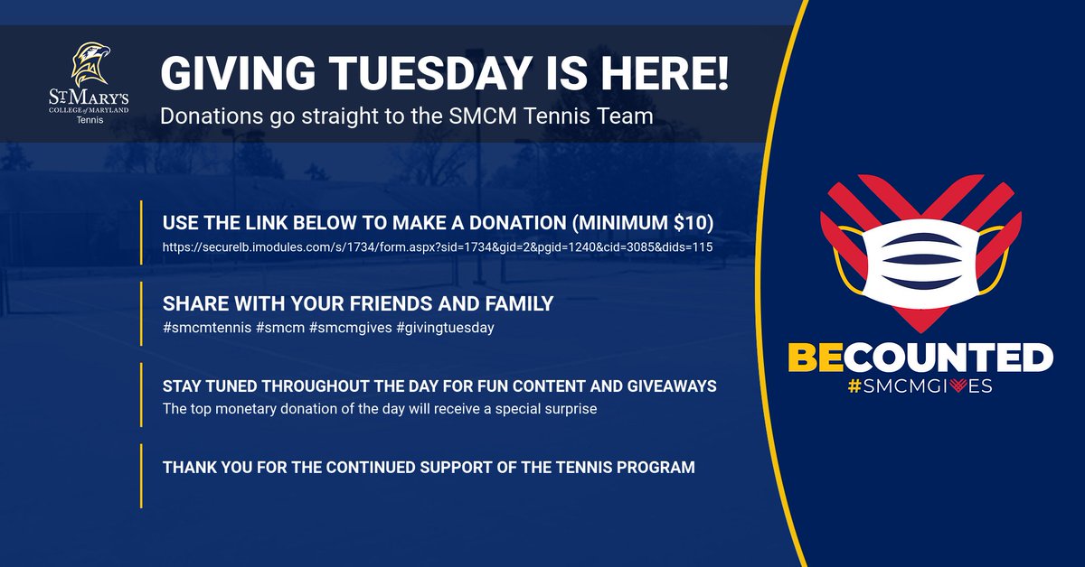 We're starting #givingtuesday early!  Please click the following link if you are willing and able to donate to the SMCM tennis team (minimum $10).  Thank you for the support!
securelb.imodules.com/s/1734/form.as…
#smcmgives #smcm 🎾🎾🎾🎾🎾