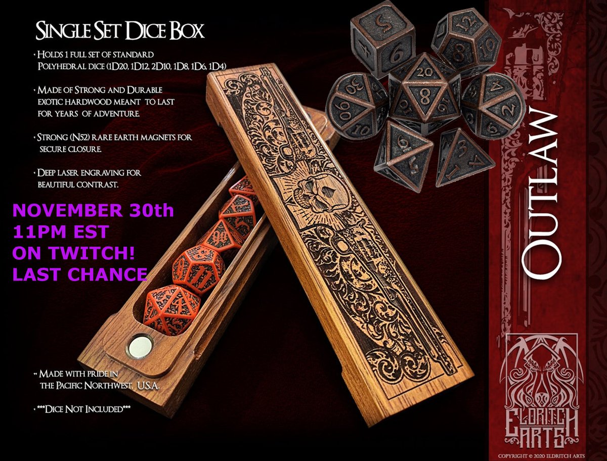 RazzPitazz's tweet photo. Last chance! Tonight on https://t.co/E6rMiPP9zI we doing a subscriber giveaway for an Eldritch Arts Dice Box AND a set of metallic copper dice to go with! It all starts at 11pm EST. https://t.co/MbVsLl2Pql