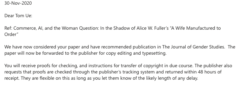 GissingGeorge's tweet photo. Hurrah! My essay on the Victorian woman question and robot spouses has been accepted (I write about a lot of things). Thx, @baconetti, for viewing tips, and generations of students for our convos! #Victorian #WomanQuestion #scifi https://t.co/FEowRNw7jO