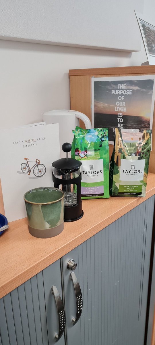 PhoenixMaghull's tweet photo. Another little birthday treat was sitting on my desk when I arrived at work this morning. 
I aspire to be rich and refined but will have to settle to be gentle and easy going. 🤣🤣
Thank you @Taylors ☕
#still21
#humbled
#CoffeeLover https://t.co/wt7A4GYKmb