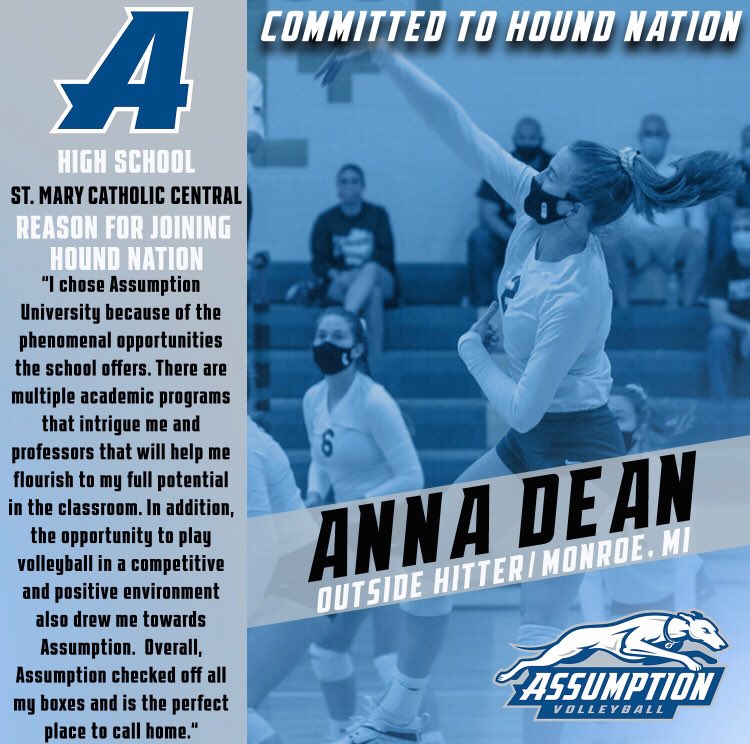 AssumptionVB's tweet image. Say hello to another member of our Class of 2025, Anna Dean! Anna is an OH from Monroe, Michigan and we can’t wait for her powerful hits next fall!! Welcome Anna! 💙🐾 #NSD2020 #AUVB2025