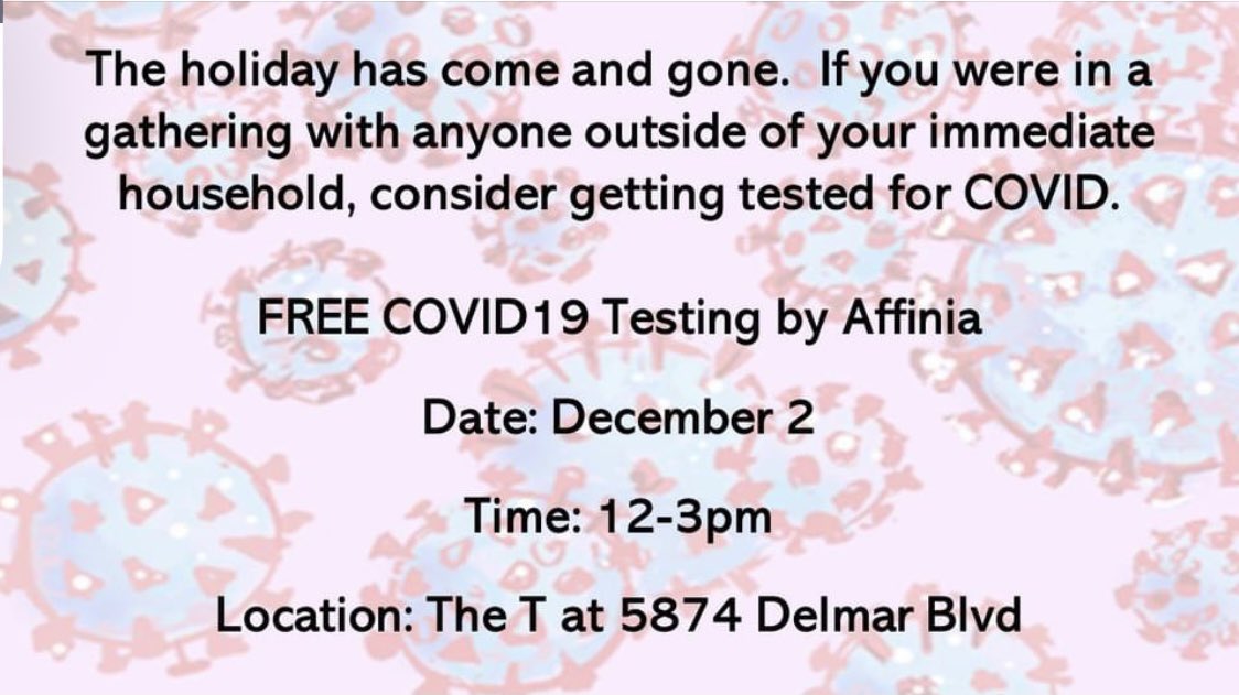 WellstonLoopCDC's tweet photo. Free COVID-19 testing by @AffiniaHealth at @TheT5874Delmar Wed 12/2 from 12-3 😷☎️🦠 https://t.co/4PxxLBZcaA
