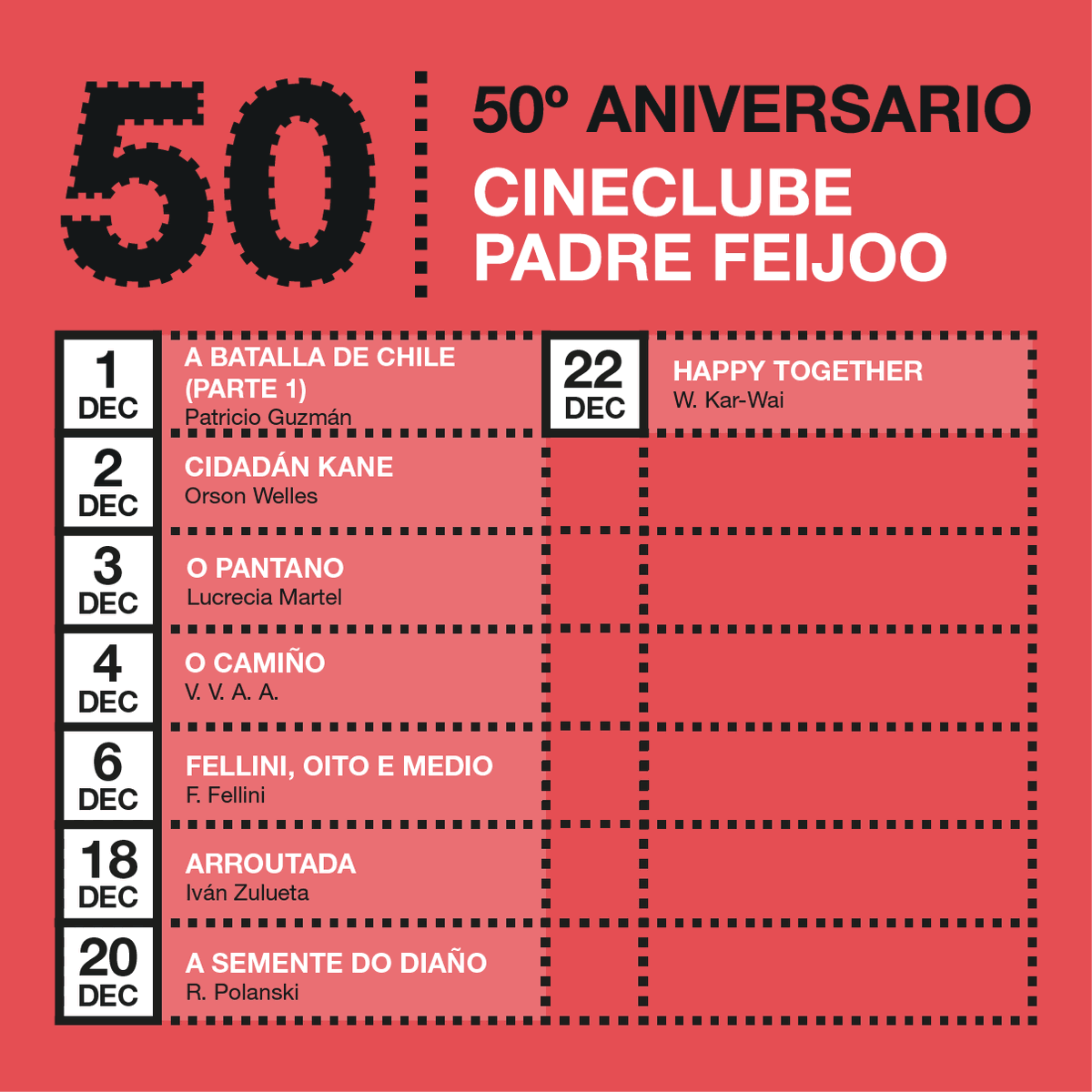 cineclubepf's tweet photo. Con decembro, chegan os últimos filmes da programación especial do noso 50º aniversario.✨🎥 Aproveita e anota as pelis ás que non podes faltar!😉 #50CCPF https://t.co/LdiVg8SJrC